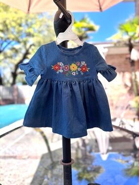 Vintage Bonnie Baby Blue Denim Dress with Floral Embroidery